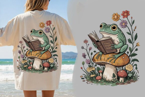 Enchanting Reading Frog Mushroom PNG Design for Whimsical Projects
